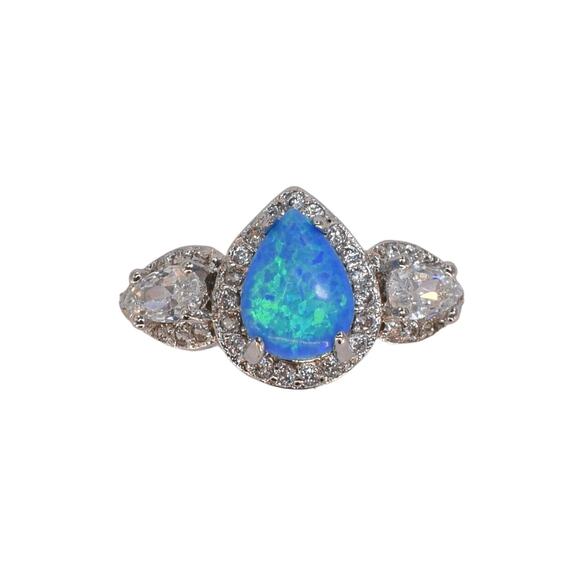 NWOT Fragrant Jewels Blue Opal Pear Cut Halo CZ Ring Size 7.75 US - Picture 1 of 5